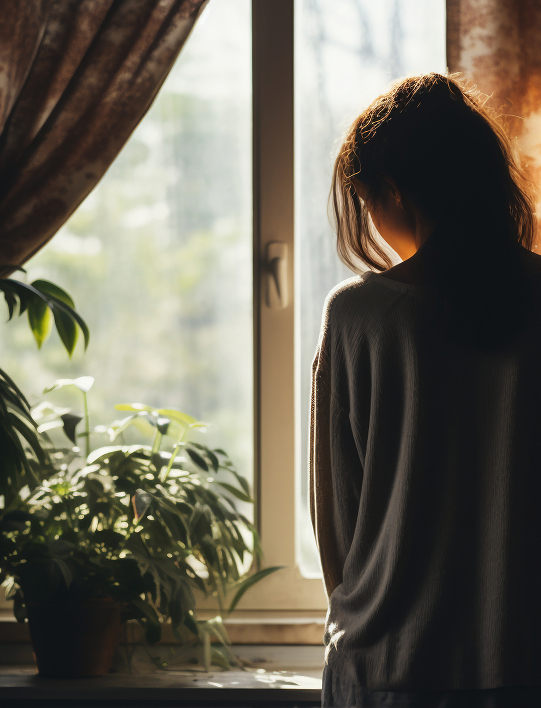 Rebecca Roby - Woman standing by a window in quiet reflection during a period of illness and uncertainty.